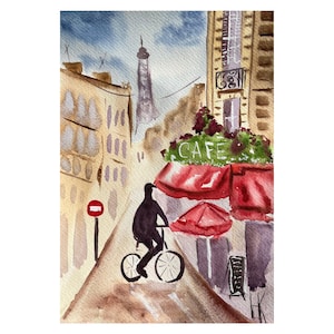 Paris Painting Cafe Original Art Eiffel Tower Watercolor Biking France Citycape Landscape Small Wall Art 9 x 12 in by Halyna Kirichenko