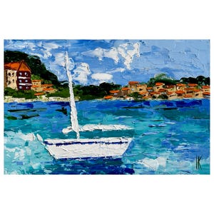 Amalfi Coast Painting Sailboat Original Art Italy Oil Impasto Nautical Seascape Landscape Small Travel Gift Wall Art 12 x 8 inches