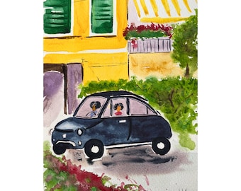 Car Positano Original Watercolor Painting Amalfi Coast Cityscape 9 x 12 inches