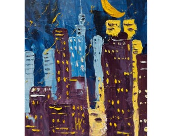 NYC Original Oil Impasto Painting New York Night Small Art 8 x 10 inches