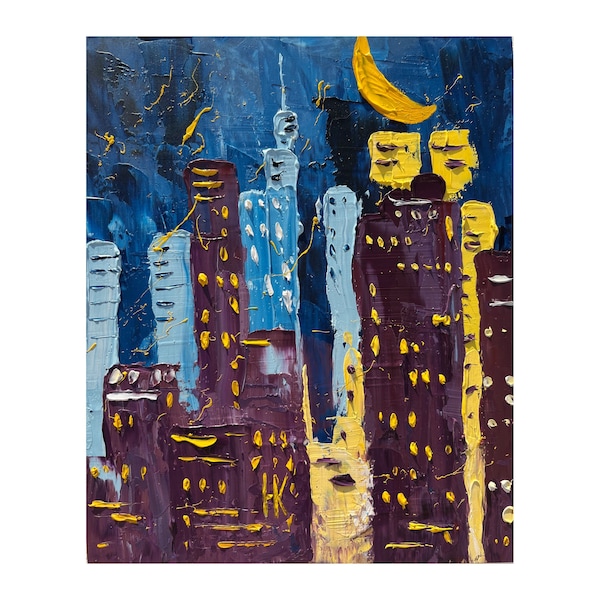 NYC Painting Cityscape Original Art New York Oil Impasto Landscape Artwork Small Blue Yellow Wall Art 8 by 10" by Halyna Kirichenko