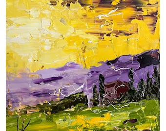 Tuscany Original Oil Impasto Painting Lavender Field Landscape Wall Art 6 x 6 inches