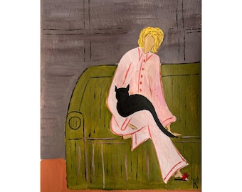 Woman Black Cat Original Painting Faceless Lady Small Wall Art 12 x 17 inches