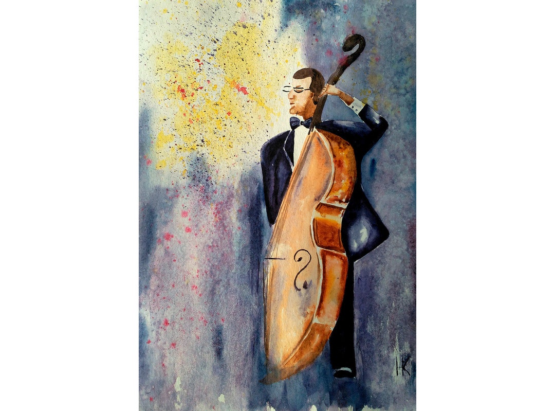 Jazz Painting Music Original Art Contrabas Watercolor Jazzman Etsy