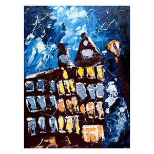 Amsterdam Painting Netherlands Original Art Cityscape Oil Impasto Artwork City Lights Small Landscape Wall Art 6 x 8 in by Halyna Kirichenko
