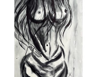 Woman Nude Original Watercolor Painting Tits Bedroom Bathroom Wall Art 14 x 20 inches