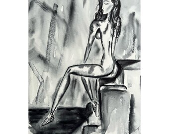 Woman Nude Original Watercolor Painting Black White Bedroom Bathroom Art 14 x 20 inches
