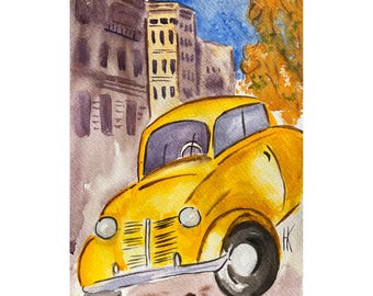 Car Original Watercolor Painting Cityscape Landscape Wall Art 9 x 12 inches