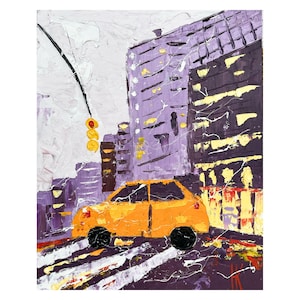 May include: An impasto oil painting depicting a bright yellow car driving on a city street. The scene features a tall purple building with yellow lit windows, a traffic light with yellow signals, and white crosswalk lines on a dark road surface.