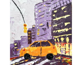 NYC Original Oil Impasto Painting Yellow Taxi Car Cityscape Landscape Art 8 x 10"