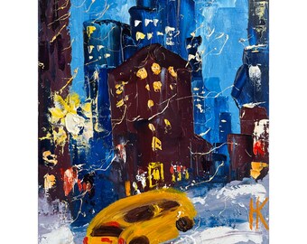 NYC Original Oil Impasto Painting Yellow Taxi Car New York Cityscape Landscape 8 x 10"