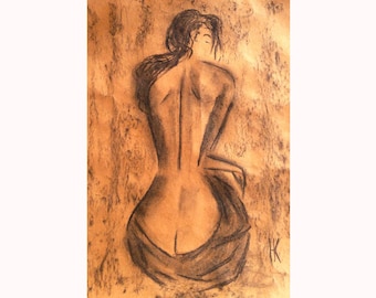 Woman Nude Original Painting Small Charcoal Bedroom Bathroom Wall Art 12 x 17 inches
