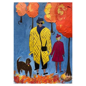 May include: An acrylic painting depicts two figures and a dog in a park setting. One figure wears a yellow coat, black pants, and sunglasses. The other figure wears a red coat. A brown dog is on a leash. Orange trees are in the background.