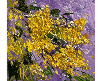 Mimosa Painting Floral Original Art Flowers Oil Impasto Artwork Small Yellow Purple Wall Art 6 by 6" by Halyna Kirichenko