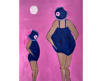 Grandmother Original Acrylic Painting Granddaughter Sea Holiday Woman Girl Wall Art 12 x 17"