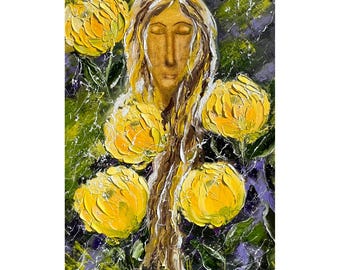 Flower Head Woman Original Oil Impasto Painting Female Portrait Canvas Art 16 x 24"
