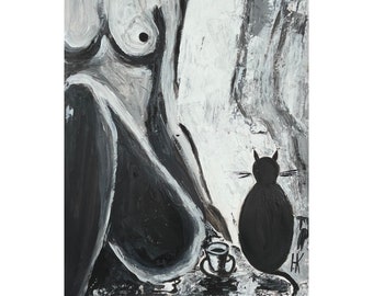 Woman Cat & Coffee Original Acrylic Textured Painting 12 x 17 inches