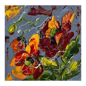 Poppy Painting Floral Original Art Flowers Oil impasto Artwork Small Wall Art 6 x 6 inches by Halyna Kirichenko