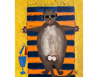 Cat Original Acrylic Painting Beach Time Canvas Wall Art 16 x 20 inches