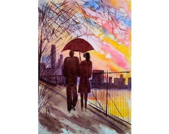 NYC Couple Walking Original Watercolor Painting New York Cityscape Landscape 8 x 12 inches