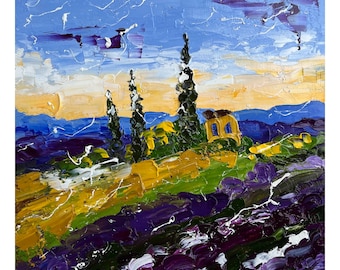 May include: An oil painting on canvas featuring a landscape with thick, textured impasto brushstrokes. The scene depicts a field of deep purple lavender, golden yellow wheat, three tall dark cypress trees, and a small yellow building.