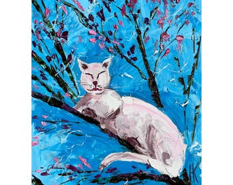 Cat Original Oil Impasto Painting Flowering Cherry Tree Small Artwork 8 x 10 inches