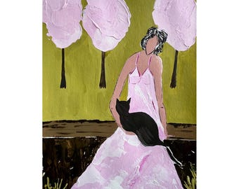 Woman Cat Original Painting Faceless Art Garden Impasto Landscape 12 x 17 inches