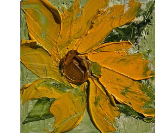 Sunflower Original Oil Impasto Painting Small Floral Wall Art 4 x 4 inches