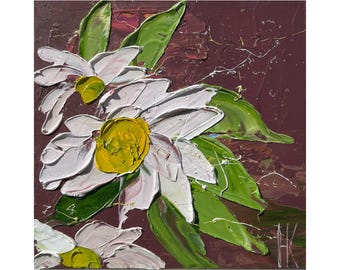Daisy Original Oil Impasto Painting Chamomile Floral Small Wall Art 6 x 6 inches