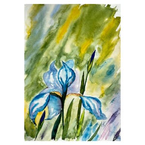 Iris Painting Floral Original Art Flower Watercolor Artwork Small Wall Art 10 x 14 inches by Halyna Kirichenko