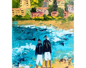 Positano Original Oil Impasto Painting Couple Amalfi Coast Italy Landscape 8 x 10 inches