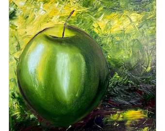 Apple Original Oil Painting Fruit Still Life Textured Canvas Artwork 16 x 16 inches