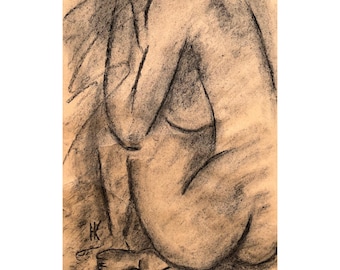 Woman Nude Original Charcoal Painting Female Sitting Curvy Nude Art 12 x 17 inches