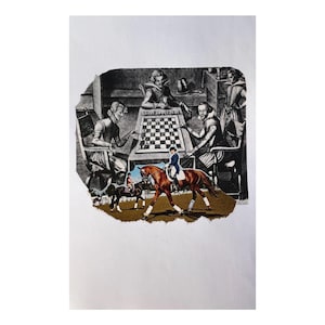May include: A collage print featuring a black and white historical illustration of three figures playing chess at a table, layered with a color image of a person riding a brown horse and another person on a smaller horse in a field.