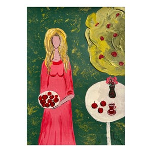 May include: A painting featuring a figure with long blonde hair wearing a pink dress, holding a white plate of red apples. Beside the figure is a round white table with a small vase of red flowers, three red apples, and a red cup and saucer.