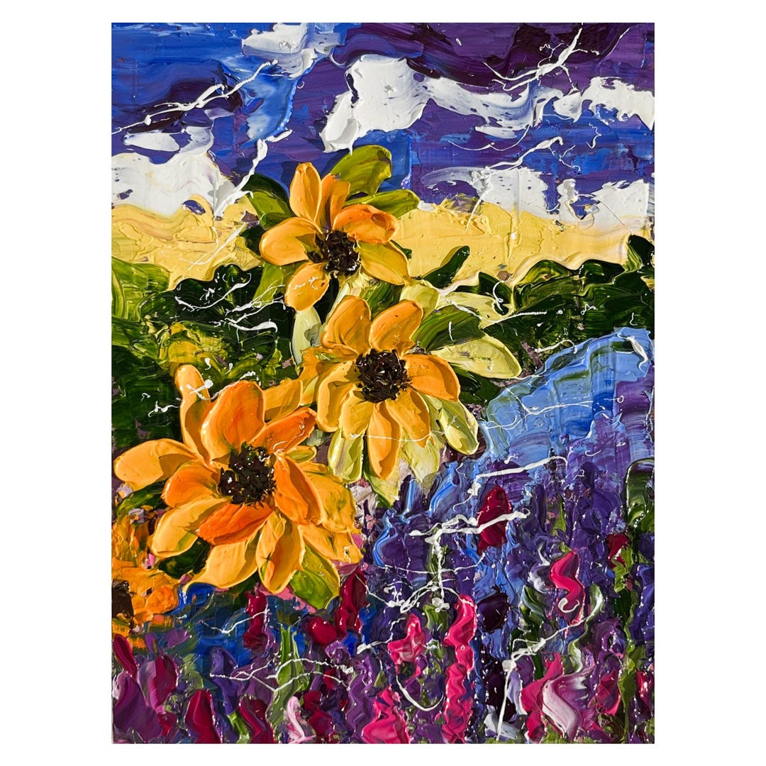 Sunflowers Original Oil Impasto Painting Lavender Field Floral ...