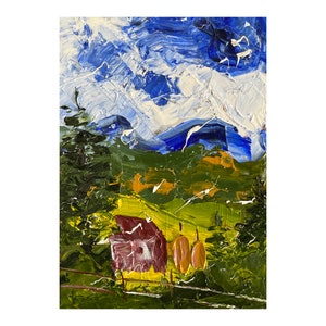 May include: Impasto oil painting of a landscape with a vibrant blue sky filled with white clouds. The foreground features a green field, a red and yellow building, and two orange objects. The painting has a textured, thick application of paint.