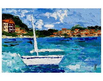Amalfi Coast Sailboat Original Oil Impasto Painting Italian Seascape Art  12 x 8 inches
