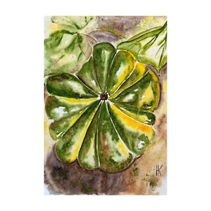May include: A watercolor painting of a round, ribbed squash featuring deep green and bright yellow segments. The squash is surrounded by large, textured green leaves and rests on a mottled brown and tan surface. The artist's initials HK are visible.
