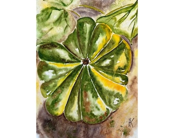 Pumpkin Original Watercolor Painting Small Vegetable Thanksgiving Wall Art 10 x 14 inches