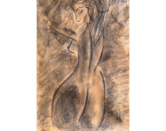 Woman Nude Original Painting Small Charcoal Bathroom Bedroom Wall Art 12 x 17 inches