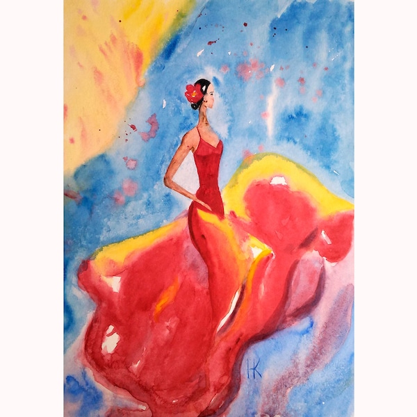 Flamenco Painting Dance Original Art Spanish Woman Dancer Watercolor Artwork Home Wall Art 12 by 17" by Halyna Kirichenko