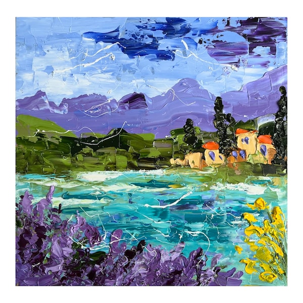 Lake Como Painting Bellagio Original Art Italy Oil Impasto Europe Artwork Travelling Landscape Wall Art 8 by 8" by Halyna Kirichenko