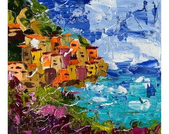 Positano Painting Italy Original Art Amalfi Oil Impasto Artwork Coastline Europe Travelling Landscape Wall Art 8 by 8" by Halyna Kirichenko