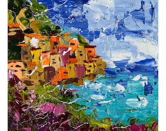 Positano Painting Italy Original Art Amalfi Oil Impasto Artwork Coastline Europe Travelling Landscape Wall Art 8 by 8" by Halyna Kirichenko