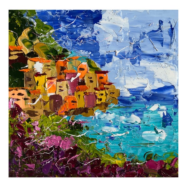 Positano Painting Italy Original Art Amalfi Oil Impasto Artwork Coastline Europe Travelling Landscape Wall Art 8 by 8" by Halyna Kirichenko