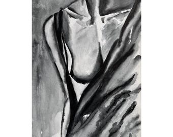 Woman Nude Original Watercolor Painting Tits Bedroom Bathroom Wall Art 12 x 17 inches