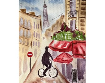 Paris Original Watercolor Painting Cafe Biking Eiffel Tower Cityscape Landscape 9 x 12 inches