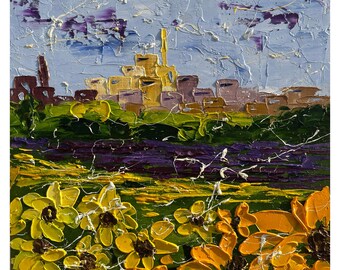 Provence Original Oil Impasto Painting Sunflower Field France Countryside Landscape 8 x 8 inches