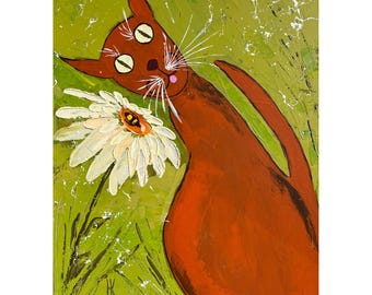 Cat Daisy Original Painting Flowers Chamomile Pet Canvas Artwork 16 x 20 inches
